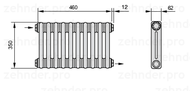 Схема (чертеж) Радиатор Zehnder Charleston 2035/10 №1670 Белый глянцевый RAL 9016